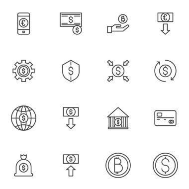 Dijital para çizgisi simgeleri seti, ana hatlı vektör sembolü koleksiyonu, doğrusal biçim piktogram paketi. İşaretler, logo illüstrasyonu. Set simgeleri bitcoin şifreleme birimi, dolar oranı artışı ve kredi kartı olarak içerir