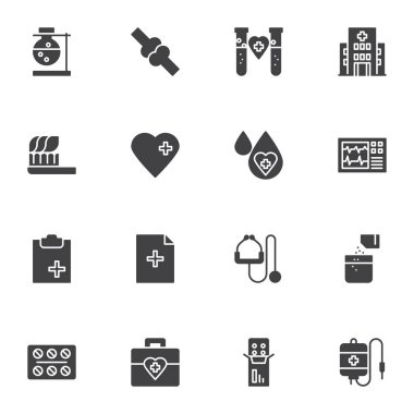 Tıbbi vektör simgeleri seti, modern katı sembol koleksiyonu, doldurulmuş biçim piktogram paketi. İşaretler, logo illüstrasyonu. Set simgeleri kalp kardiyogramı, kardiyoloji, ilk yardım kiti, tıbbi stetoskop