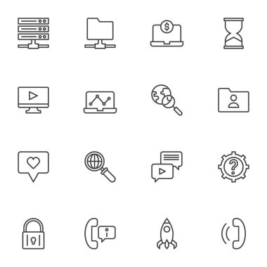 Arama motoru optimizasyon çizgisi simgeleri seti, ana hatlı vektör sembolü koleksiyonu, doğrusal resim paketi. İşaretler, logo illüstrasyonu. Set simgeleri dijital pazarlama, seo, arama, izleme olarak içerir