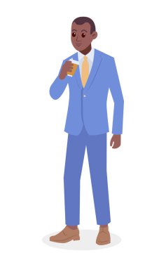 Elinde kahve fincanı tutan bir iş adamı. Renkli düz tasarım vektör çizimi. Afro-Amerikalı bir adam kahve içiyor.