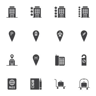 Otel servis vektör simgeleri seti, modern katı sembol koleksiyonu, doldurulmuş biçim piktogram paketi. Logo illüstrasyonu işaretleri. Set simgeleri otel yıldızı derecelendirmesi, havaalanı konumu, rahatsız etmeyin, bagaj