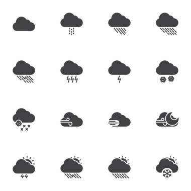Hava durumu bulutu ikonları seti, modern katı sembol koleksiyonu, doldurulmuş resim paketi. Logo illüstrasyonu işaretleri. Set simgeleri - yağmur, fırtına, kar, rüzgar, güneş, şimşek, meteoroloji tahminleri