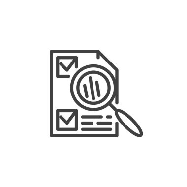 Oy kullanma ve seçim çizgisi simgesi. Mobil konsept ve web tasarımı için doğrusal biçim işareti. Oylama sayfası ve büyüteç ana hatlı vektör simgesi. Sembol, logo çizimi. Vektör grafikleri
