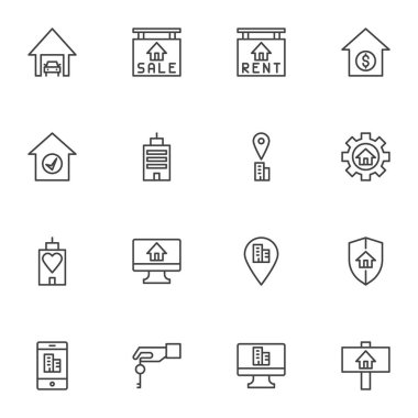 Gayrimenkul bağlantılı çizgi simgeleri seti, ana hatlı vektör sembolü koleksiyonu, doğrusal stil piktogram paketi. İşaretler, logo illüstrasyonu. Ev kirası, satış, ipotek, sigorta, online rezervasyon olarak simgeleri