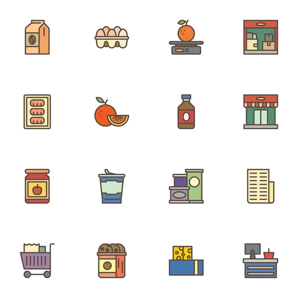 杂货店填充了轮廓图标集 行向量符号集 线性彩色象形文字包 套装包括图标 如咖啡 购物车 — 图库矢量图片