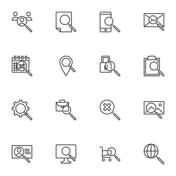 Набор иконок поисковой системы, набор векторных символов контура, набор пиктограмм линейного стиля. Знаки, иллюстрации логотипа. В набор входят поиск контактов пользователя, файл документа, сообщение, галерея