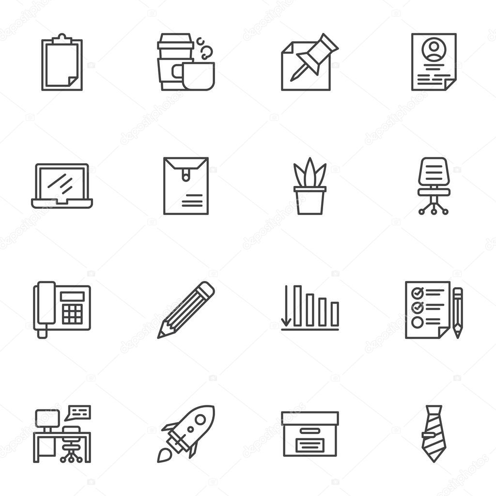Business and office line icons set, outline vector symbol collection, linear style pictogram pack. Signs, logo illustration. Set includes icons as laptop computer, workspace, startup rocket, document