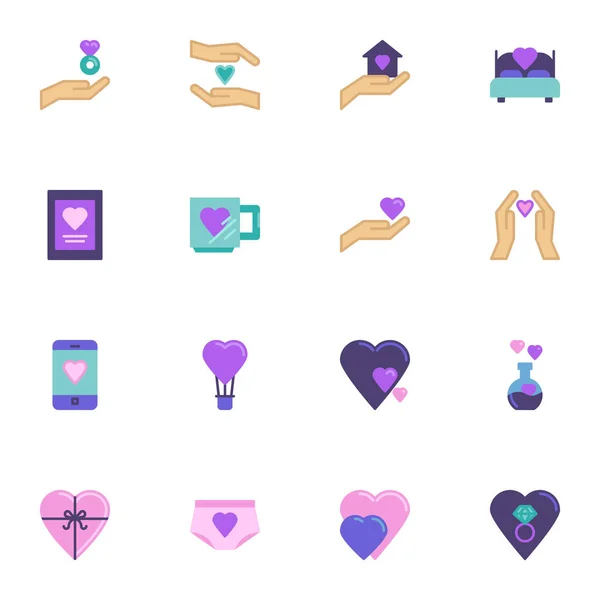 Corazón, colección de elementos de amor, conjunto de iconos planos — Vector de stock