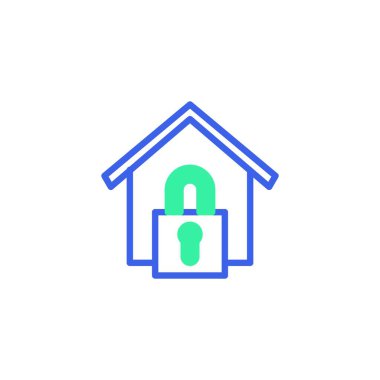 Ev güvenlik kilidi ikon vektörü, düz tabela, ev kilidi piktogram, yeşil ve mavi renkler. Sembol, logo illüstrasyonu