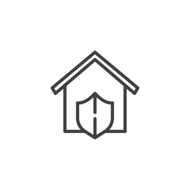 Ev güvenliği kalkan hattı simgesi. Mobil konsept ve web tasarımı için doğrusal biçim işareti. Ev koruması vektör ikonu. Sembol, logo çizimi. Vektör grafikleri