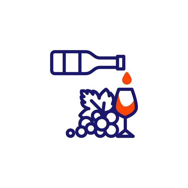 Botella de vino con icono de línea de vidrio y uvas — Archivo Imágenes Vectoriales