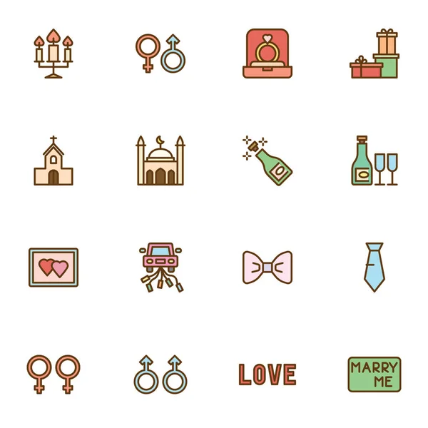 Heirat und Hochzeit gefüllte Umrisse Icons gesetzt — Stockvektor