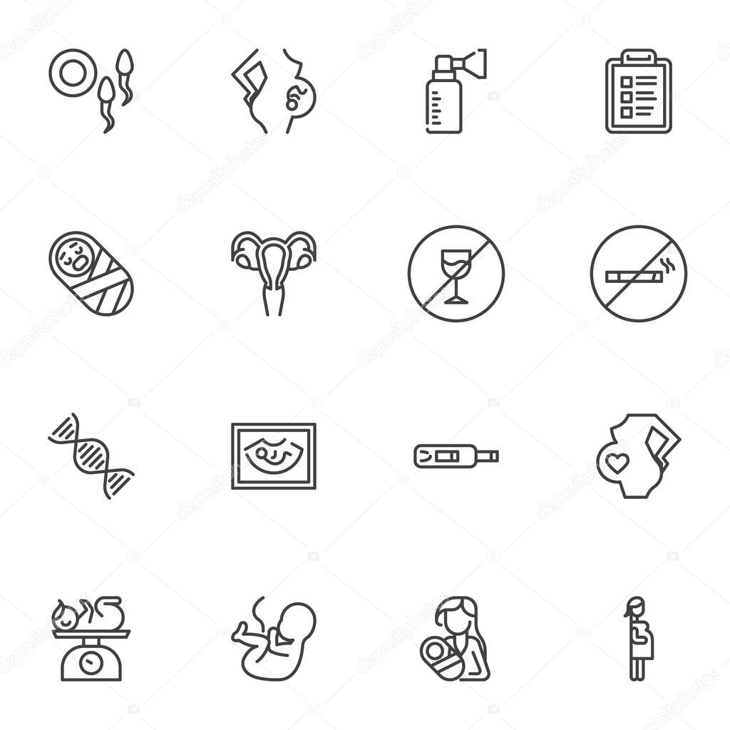 Pregnancy and maternity line icons set, outline vector symbol collection, linear style pictogram pack. Signs, logo illustration. Set includes icons as newborn baby, pregnant woman, sperm and ovum