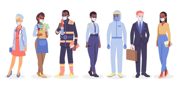 Πολυεθνική Ομάδα Εργαζομένων Που Φορούν Ιατρική Μάσκα Πολύχρωμο Επίπεδη Σχεδίαση — Διανυσματικό Αρχείο