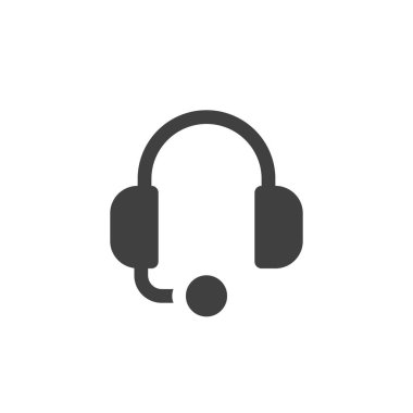 Kulaklık aygıtı vektör simgesi. Mobil konsept ve web tasarımı için düz tabela. Mikrofon sembollü kulaklıklar. Destek sembolü, logo illüstrasyonu. Vektör grafikleri