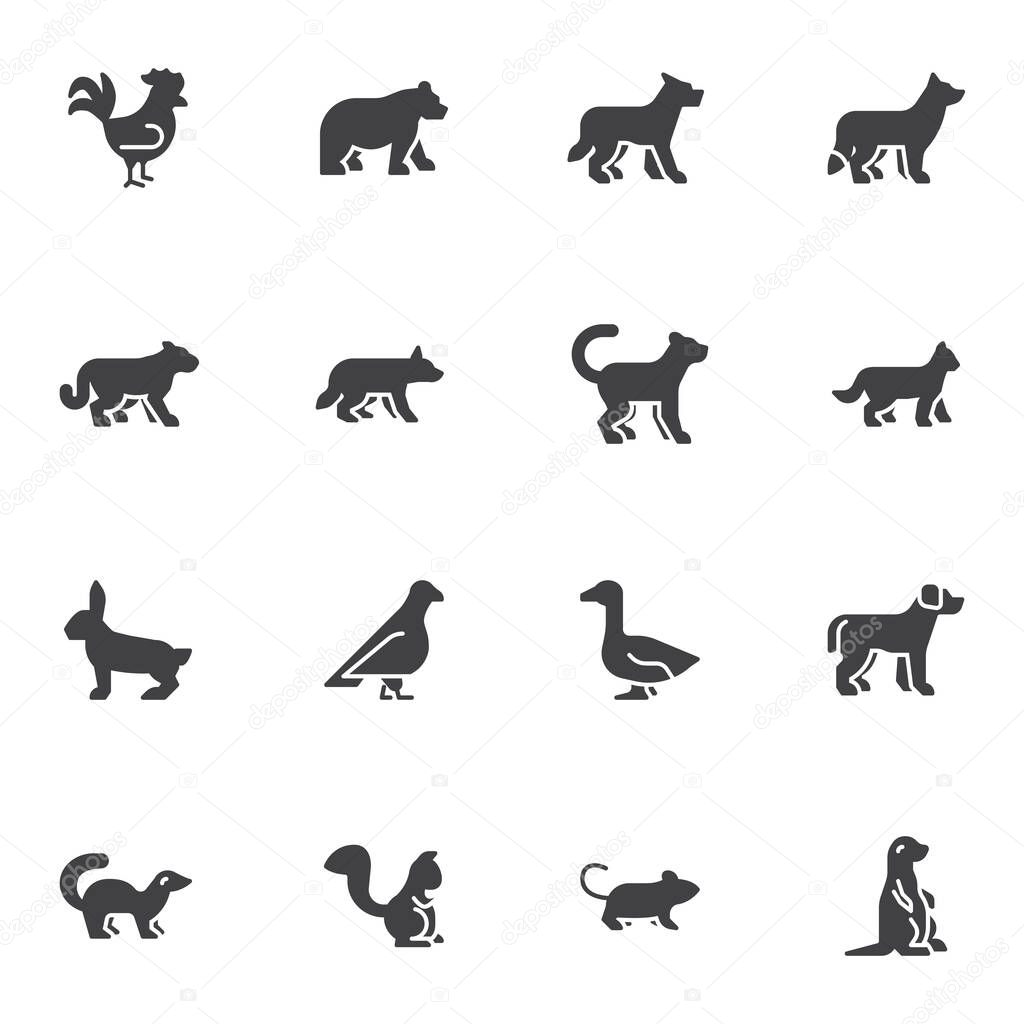 Zoo animals vector icons set, modern solid symbol collection, filled style pictogram pack. Signs, logo illustration. Set includes icons as grizzly bear, wolf, bird, cat, dog, fox, squirrel, marmot