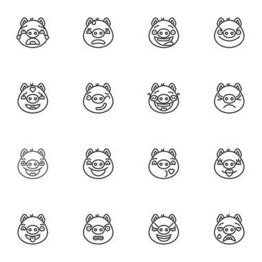 Domuz suratlı emoji çizgi simgeleri ayarlandı