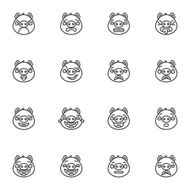 Domuz suratlı emoji çizgi simgeleri ayarlandı