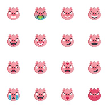 Pembe domuz suratlı emoji koleksiyonu, düz simgeler