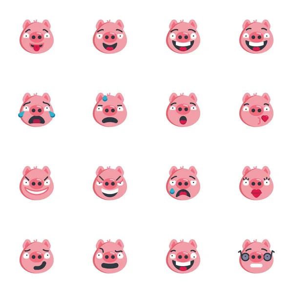 Piggy face emoticon collection, flat icons set — Stock Vector