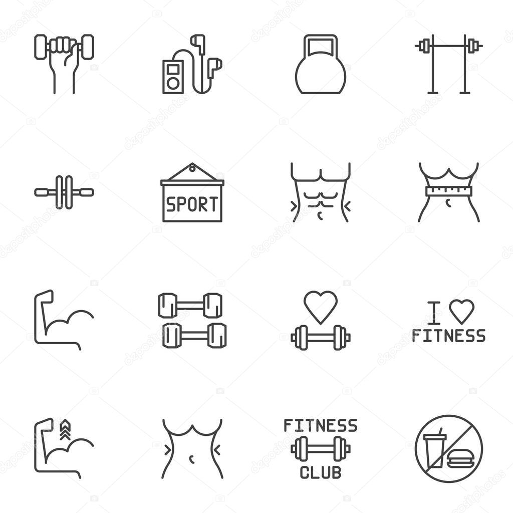 Gym and fitness line icons set, sport equipment outline vector symbol collection, linear style pictogram pack. Signs, logo illustration. Set includes icons as barbell, torso muscles, dumbbells