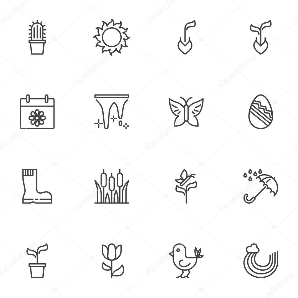Spring time line icons set, outline vector symbol collection, linear style pictogram pack. Signs, logo illustration. Set includes icons as bird, blooming flower, gardening,rubber boot, rain umbrella