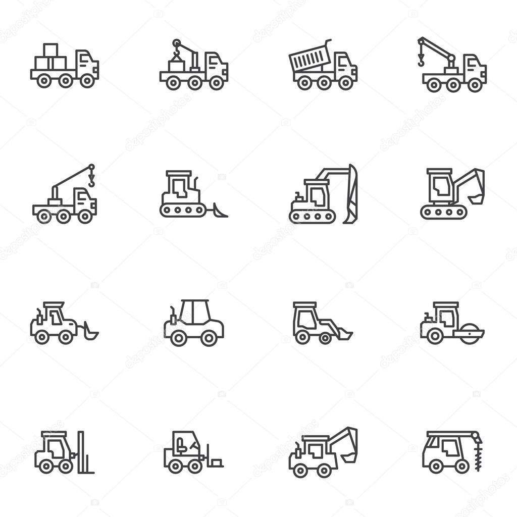 Construction vehicles line icons set, outline vector symbol collection, linear style pictogram pack. Signs, logo illustration. Set includes icons as truck and tractor, forklift, construction crane