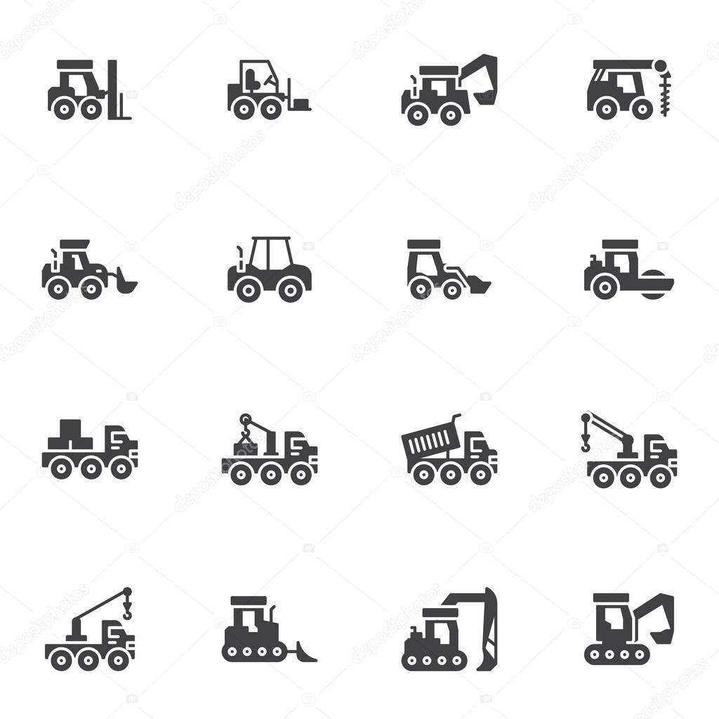 Construction vehicles vector icons set, modern solid symbol collection, filled style pictogram pack. Signs, logo illustration. Set includes icons as truck and tractor, forklift, construction crane