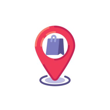 Alışveriş poşeti simgesiyle harita işaretleyicisi düz simge