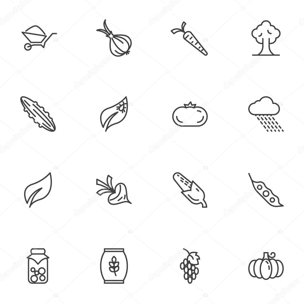 Agriculture harvest line icons set, outline vector symbol collection, linear style pictogram pack. Signs, logo illustration. Set includes icons as fruit and vegetable, jam jar, wheat bag, pumpkin