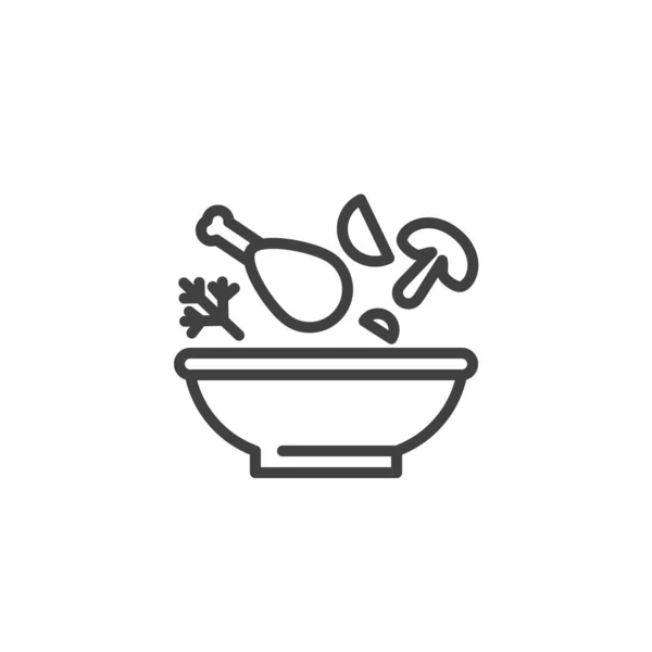 Chicken leg soup bowl with herbs and vegetable line icon — Stock Vector