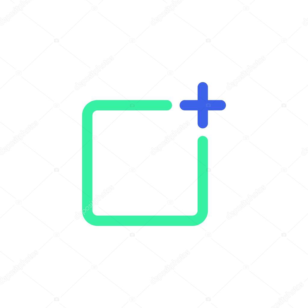 Add new icon vector, filled flat sign, bicolor pictogram, add file green and blue colors. Symbol, logo illustration