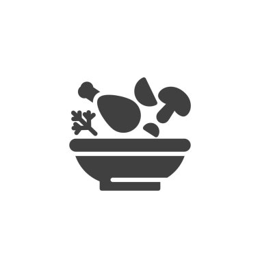 Otlu tavuk budu çorbası kasesi ve sebze ikonu.