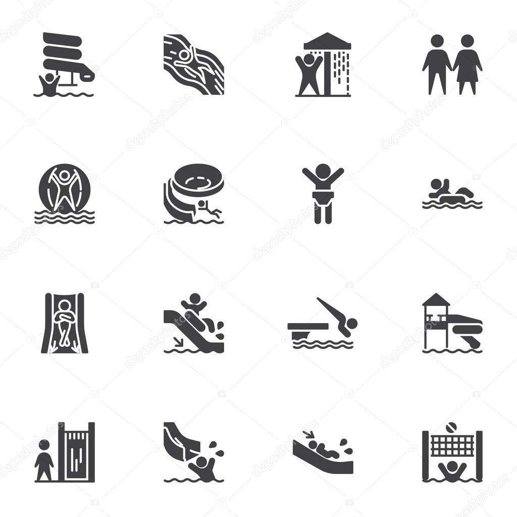 Aqua park vector icons set, water park modern solid symbol collection, filled style pictogram pack. Signs, logo illustration. Set includes icons as water slide attraction, swimming pool, shower