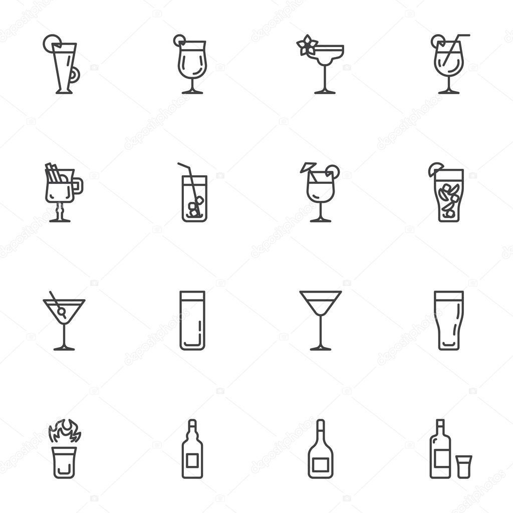 Cocktail glass line icons set, outline vector symbol collection, linear style pictogram pack. Signs, logo illustration. Set includes icons as fresh cocktail, martini glass, alcoholic beverage, ice tea