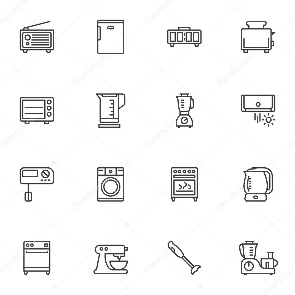 Kitchen appliances line icons set, outline vector symbol collection, linear style pictogram pack. Signs, logo illustration. Set includes icons as microwave stove, blender, mixer, food processor, clock