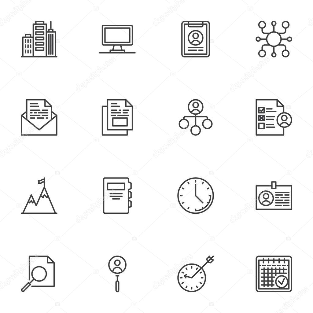 Business, office line icons set, outline vector symbol collection, linear style pictogram pack. Signs, logo illustration. Set includes icons as office building, computer calendar, job recruitment
