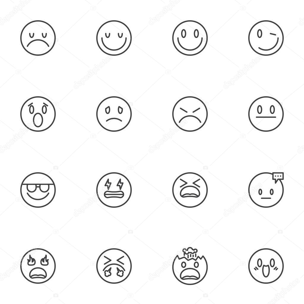 Emoticon smiley line icons set, circle emoji outline vector symbol collection, linear style pictogram pack. Signs, logo illustration. Set includes icons as smiling face, sad, shocked, angry, nerd, cry