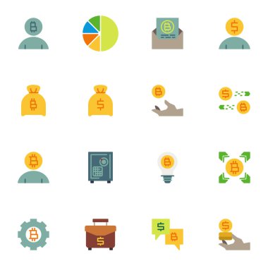 Kripto para unsurları koleksiyonu, iş ve finans daire simgeleri seti, renkli semboller - para çantası, döviz kuru, banka kasası. Vektör çizimi. Düz biçim tasarımı