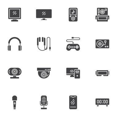 Elektronik aygıt vektör simgeleri seti, modern katı sembol koleksiyonu, doldurulmuş biçim piktogram paketi. İşaretler, logo illüstrasyonu. Ayarlar bilgisayar monitörü, TV ekranı ve kamera olarak simgeleri içerir