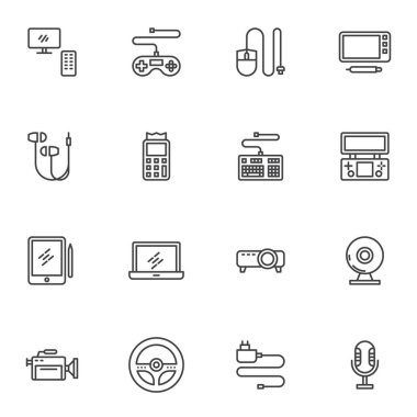 Gadget ve aygıt satırı simgeleri seti, ana hat vektör sembolü koleksiyonu, doğrusal biçim piktogram paketi. İşaretler, logo illüstrasyonu. Set, televizyon, dizüstü bilgisayar, grafik tableti, mikrofon olarak simgeleri içerir