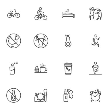 Sağlıklı yaşam tarzı simgeleri seti, ana hatlı vektör sembolü koleksiyonu, doğrusal biçim piktogram paketi. İşaretler, logo illüstrasyonu. Sette bisiklet sporu, koşu, yoga egzersizi, abur cubur, bira gibi ikonlar yer alıyor