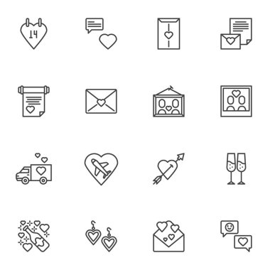 Sevgililer Günü çizgisi simgeleri seti, ana hatlı vektör sembolü koleksiyonu, doğrusal resim paketi. İşaretler, logo illüstrasyonu. Aşk kalbi, balayı seyahati, davetiye, romantik mesaj gibi simgeler