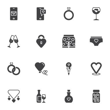 Romantik aşk vektör simgeleri seti, modern katı sembol koleksiyonu, doldurulmuş biçim piktogram paketi. İşaretler, logo illüstrasyonu. Set simgeleri elmas yüzük, şampanya bardağı, aşk iksiri, kalp kilidi