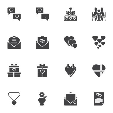 Aşk bağlantılı vektör simgeleri seti, modern katı sembol koleksiyonu, doldurulmuş biçim piktogram paketi. İşaretler, logo illüstrasyonu. Aşk sohbeti mesajı olarak simgeler, düğün pastası, çift ilişkisi, hediyeler