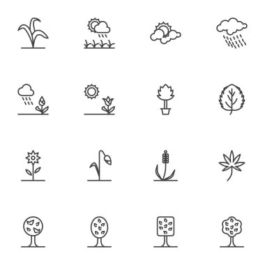 Doğa, çevre çizgisi simgeleri seti, ana hat vektör sembolü koleksiyonu, doğrusal biçim piktogram paketi. İşaretler, logo illüstrasyonu. Hava bulutu, yağmur, güneş, çiçekler, ağaçlar, bitkiler gibi simgeleri içerir