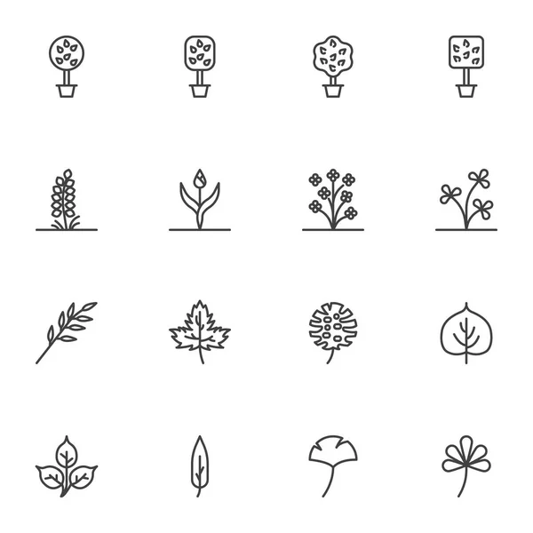 Planten Bomen Lijn Pictogrammen Set Overzicht Vector Symbool Collectie Lineaire — Stockvector