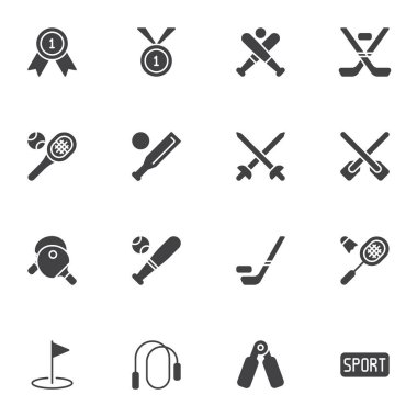 Spor ekipmanı vektör simgeleri seti, modern katı sembol koleksiyonu, doldurulmuş resim paketi. İşaretler, logo illüstrasyonu. Sette şampiyon madalya, beyzbol, hokey, tenis, ip atlama ikonları yer alıyor