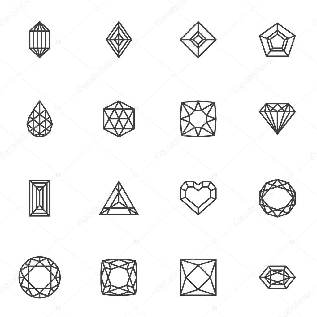 Diamond and precious stones line icons set, outline vector symbol collection, linear style pictogram pack. Signs, logo illustration. Set includes icons as heart shape gemstone, round gem, emerald