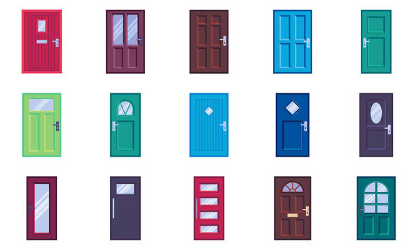 Doors types collection, flat icons set